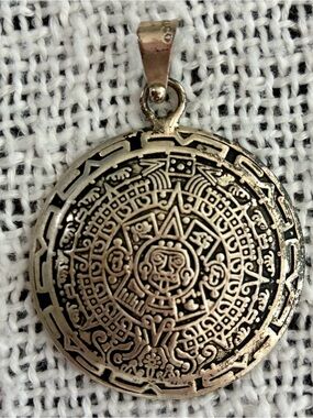 Mexican Sterling Silver Aztec Calendar Pendant Medallion 1.5" Double 925 B1GQ